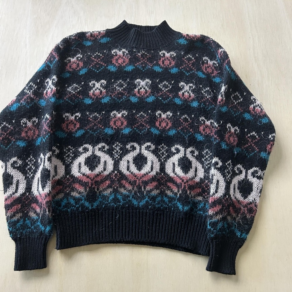 Vintage Sloane Sweater Womens Large Black Swan Fair Isle Mohair Knit Pullover